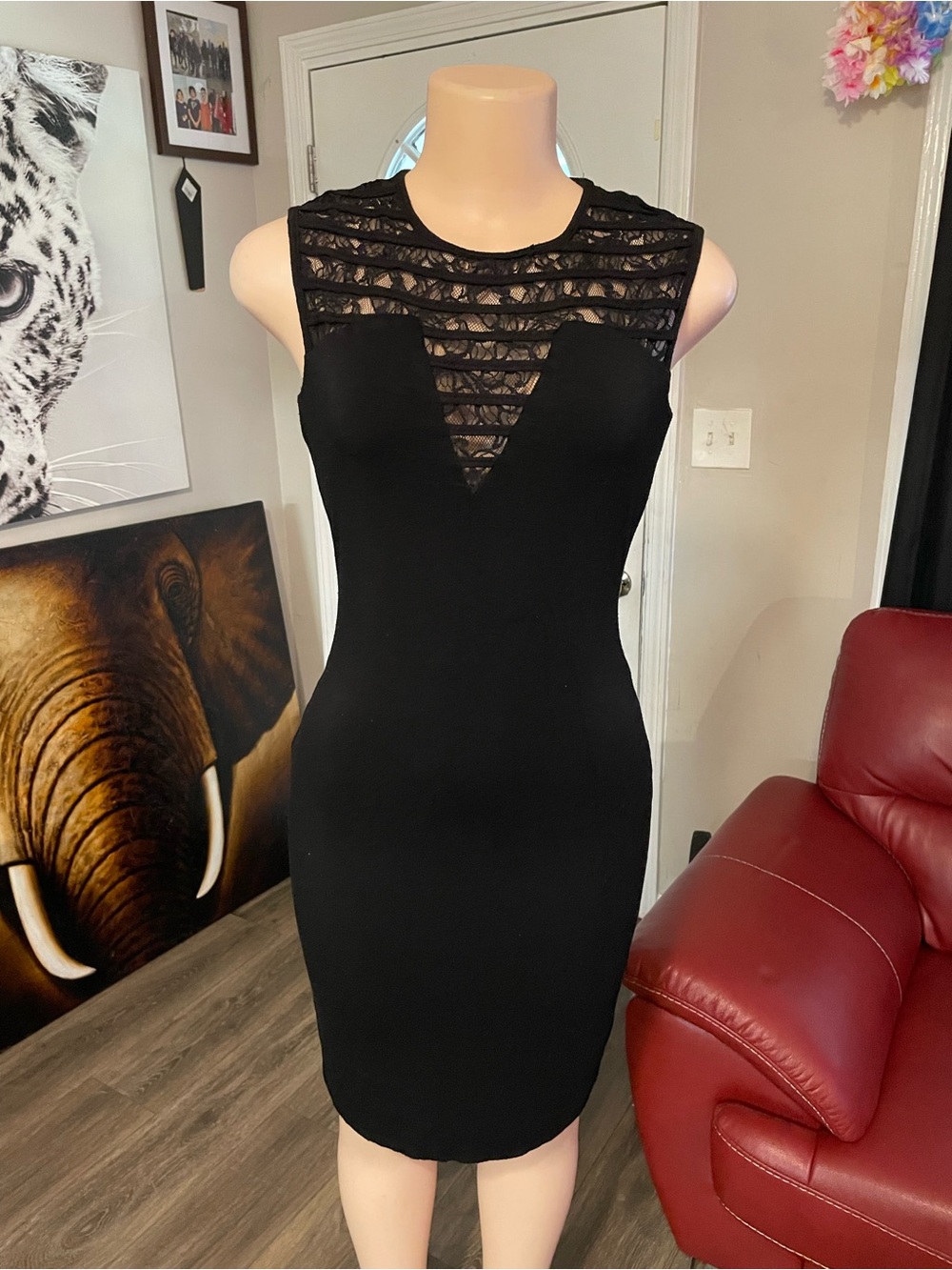 Bailey / 44 Black Lace-Detail Bodycon Dress date night small neck detail knee